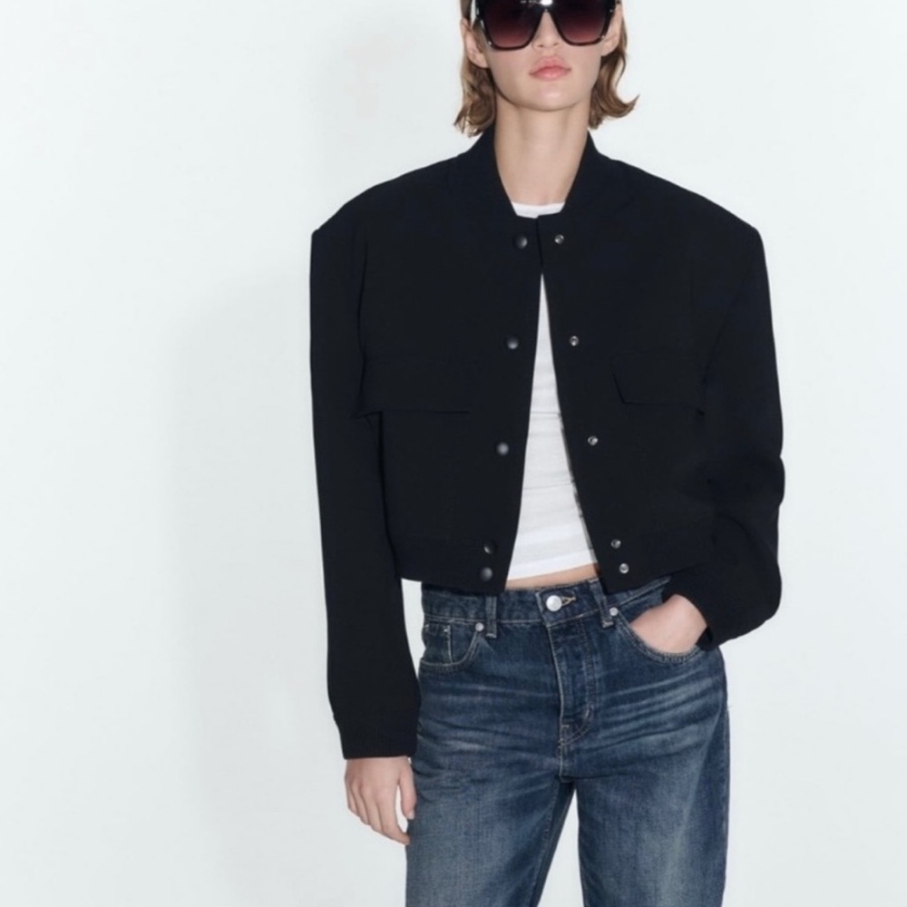 Zara Maxi Black Pocket Snap-Up Bomber Jacket